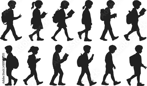 Children walking with books and devices, school silhouettes, black icons, cartoon style, backpacks, educational theme, student activity grid