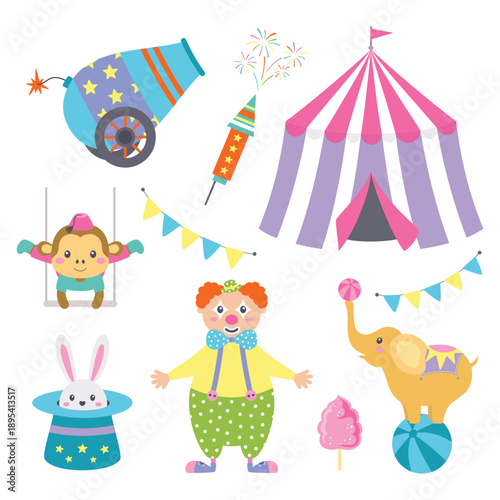 cartoon circus set, flat style