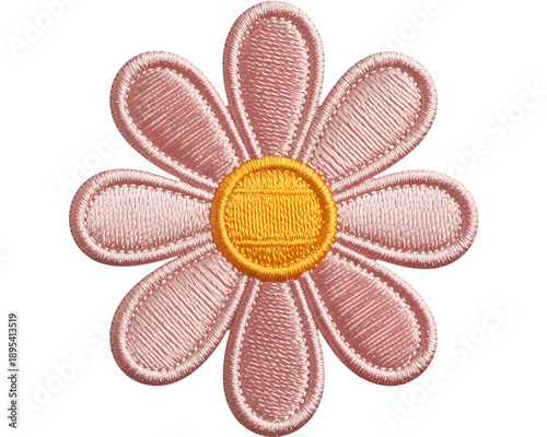 Pink Daisy Embroidered Patch Isolated on Transparent Background