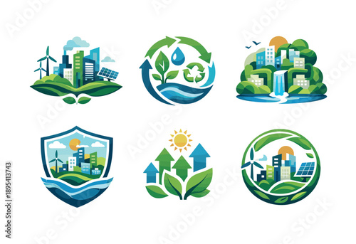 Future renewable city vision in flat style: carbon-neutral skyline, circular resource flows, integrated nature architecture, resilient infrastructure shield. Vector icons