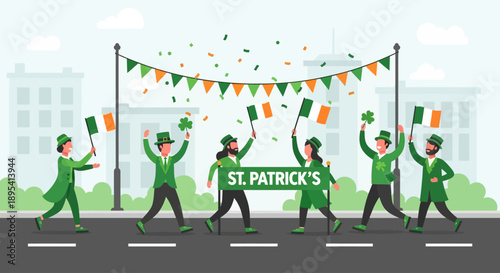 A vibrant flat design illustration capturing the essence of a St. Patrick's Day parade, with cheerful figures celebrating amongst falling confetti