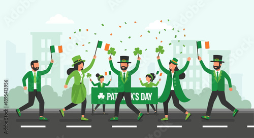 A vibrant flat design illustration capturing the essence of a St. Patrick's Day parade, with cheerful figures celebrating amongst falling confetti