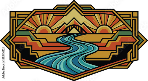 Scenic art deco landscape badge featuring winding blue river and stepped mountains with twin sunbursts symbolizing nature suitable for travel agency logos or retro national park decals.