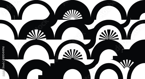 Seamless art deco scale pattern featuring repeating geometric sunburst arches and semicircles symbolizing rhythm and harmony suitable for luxury wallpaper texture or textile fabric print.