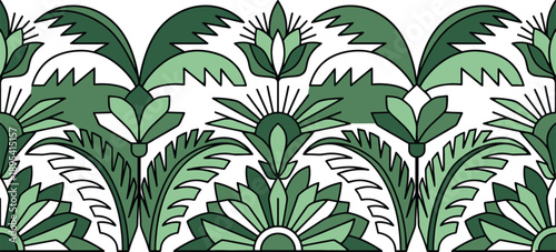 Decorative floral border with stylized green leaves and geometric flower motifs, seamless tropical nature pattern strip for elegant spring summer design frames and ornamental edging.