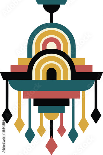 Geometric Art Deco chandelier with colorful stepped arches and hanging diamond shapes, vintage 1920s style interior lighting lamp design element for retro luxury home decor concepts.