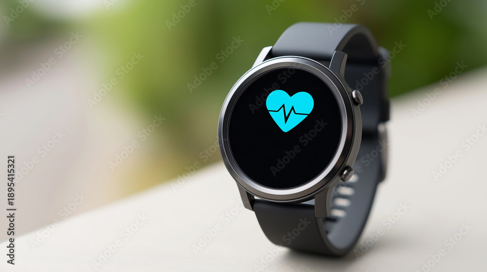 Fototapeta premium Smartwatch displaying heart rate monitoring icon on screen, symbolizing fitness tracking and digital health technology