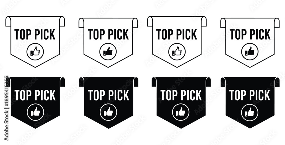 Obraz premium Collection of eight stylized ribbon banner icons labeled top pick featuring a thumbs up symbol in both outlined and solid black variations for emphasis