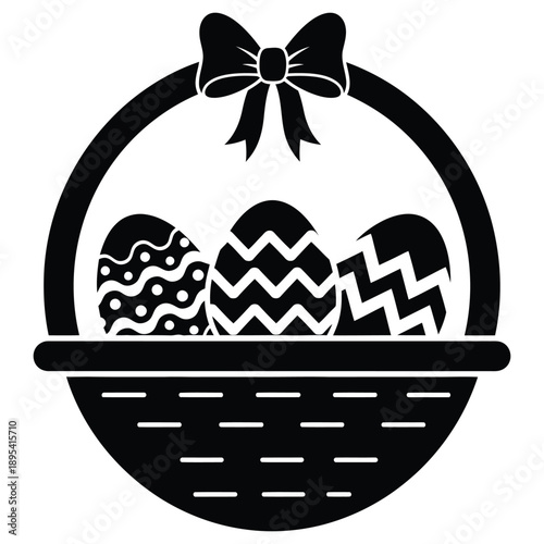 Simple black silhouette icon depicting a traditional woven easter basket carrying three distinctly patterned decorative eggs tied with a celebratory bow