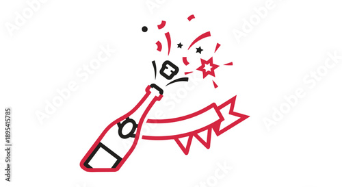 A hand drawn champagne bottle with confetti and a banner