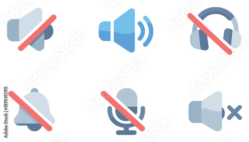 Mute and Silence set of icons in flat style: muted speaker, sound wave, headphone, crossed bell, microphone, volume off. Vector icons