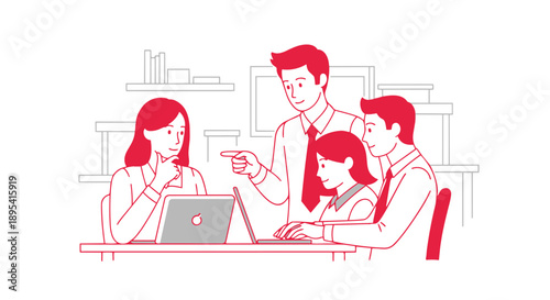 Four people sitting around a table with a laptop