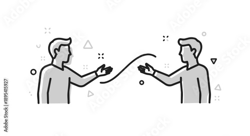 Two men exchanging a cord in a simple line drawing style
