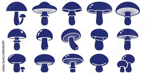 Collection of fifteen different deep blue stylized mushroom silhouette icons displaying various cap shapes gills and stem designs for nature art