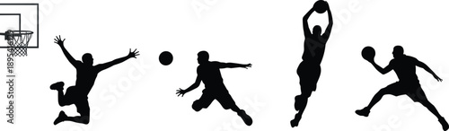 Silhouettes of basketball players in dynamic action poses with hoop, dribbling, passing, dunking, competitive sports energy, teamwork, fitness, and modern visual concept on white background