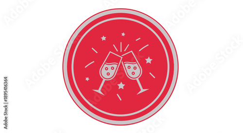 A festive illustration of two champagne glasses toasting with a red background