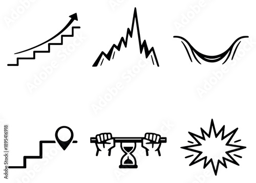 Plot momentum design in outline style: escalating steps path, conflict spike graph, calm valley dip, turning point marker, suspense hold icon, release moment. Vector icons