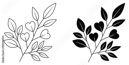 Simple black and white vector illustration set featuring delicate leafy branches with heart shaped foliage perfect for romantic nature design elements