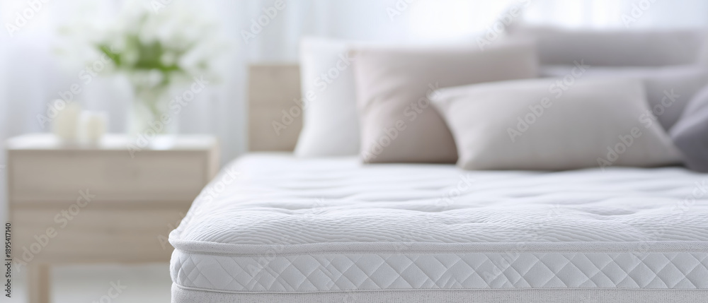 Fototapeta premium Comfortable white mattress with plush pillows on a bed in a bright, airy bedroom
