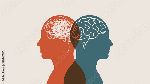 Silhouettes of two human heads illustrate mental health states with tangled thoughts and a clear brain structure