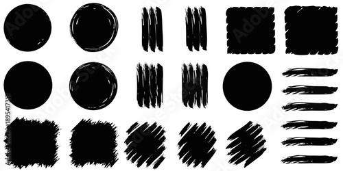 Assorted black brush strokes and shapes on a white background