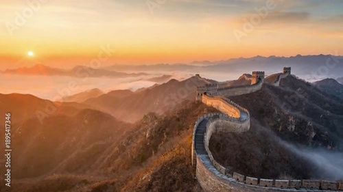 Ancient wall winding over misty mountains at sunrise