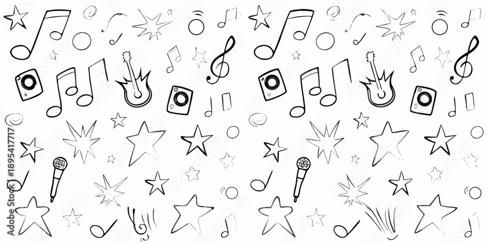 Fototapeta premium Musical notes stars and instruments in a playful doodle pattern