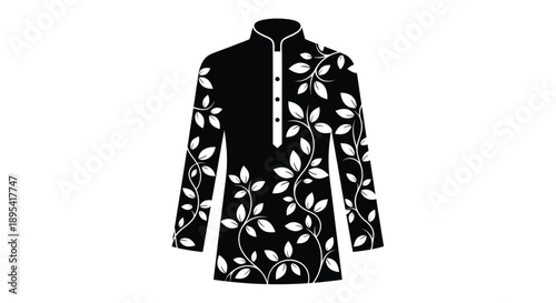 Black and white illustration of a traditional kurta with floral designs