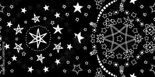 A black background adorned with numerous white stars and geometric shapes