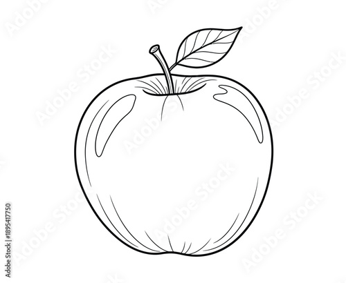 Simple black and white line drawing of an apple with a stem and a single leaf. The apple is round and smooth, conveying a clean and classic look.