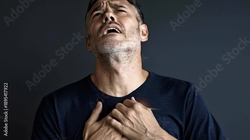 Mature man with gray hair suffering from a sudden heart attack, clutching his chest in agony and expressing intense pain on his face, highlighting a critical cardiovascular health emergency
