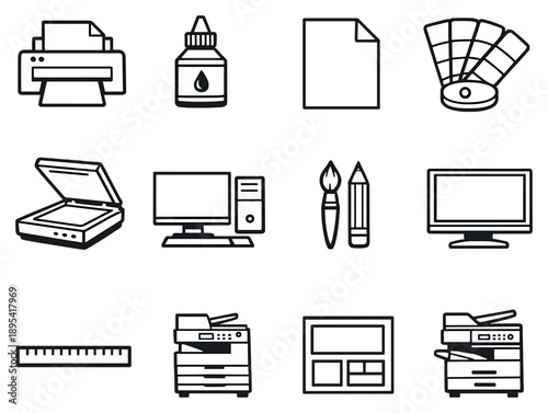 Graphic Reproduction in outline style: printer, ink bottle, paper sheet, color palette, scanner, computer, brush, pencil, screen, ruler, copy machine, layout. Vector icons