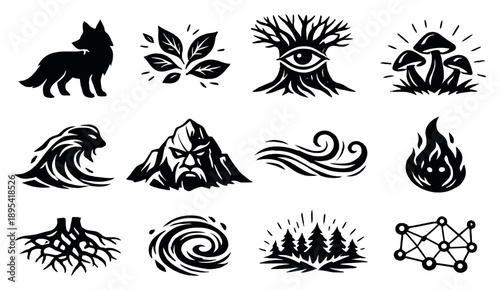 Animism and spirit nature in outline style: spirit animal silhouette, whispering leaves, watching eye in tree, glowing mushroom, river spirit wave, mountain. Vector icons