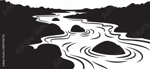 Serene black and white river landscape with smooth stones