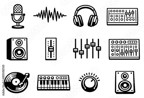 Creative Audio Production in outline style: microphone, audio waveform, headphones, mixing console, speaker, fader, equalizer, soundboard, vinyl record. Vector icons
