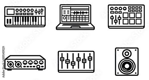 Music Programming in outline style: Synthesizer, Laptop, Drum Pad, Audio Interface, Fader, Speaker. Vector icons