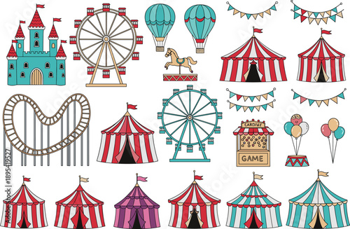 Amusement Park and Carnival Set with Tents, Ferris Wheel and Games Flat Vector Illustration for Event Design