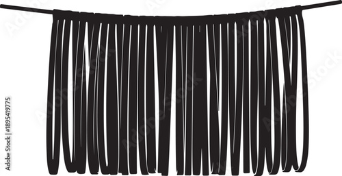 Black leather fringe hanging from a horizontal cord closely