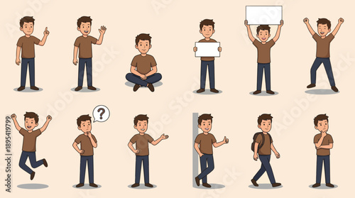 Casual Cartoon Character Vector Set – 12 Male Poses Featuring Emotions, Gestures, Signs, and Everyday Actions for Lifestyle, Presentation, and Educational Design