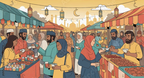 Flat vector illustration depicts Muslims shopping at a Ramadan market during the fasting month, showing daily life, Islamic culture, and the festive atmosphere of Ramadan.