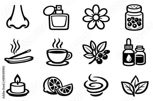Olfactory Recognition in outline style: nose, perfume bottle, flower, spice jar, incense stick, smoke, coffee cup, herbs, essential oil, candle, citrus, aroma. Vector icons