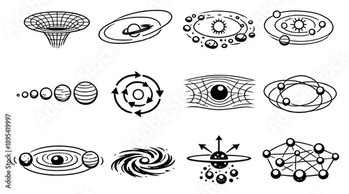 Cosmic and astronomical perspective in outline style: black hole gravity well, comet orbit path, asteroid belt, star system diagram, planet alignment, cosmic. Vector icons