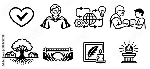 Enduring Influence Toolkit in outline style: personal values, role model figure, impact pathways, wisdom sharing, community roots, continuity bridge, memory. Vector icons