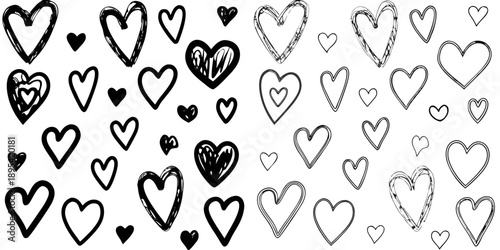 A scattered pattern of hand drawn hearts in black and white