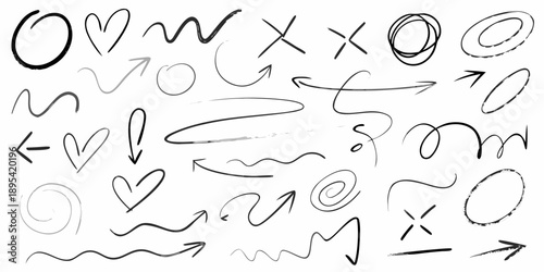 Collection of hand drawn doodles arrows hearts and abstract shapes