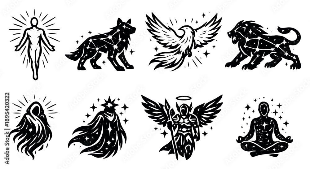 Fototapeta premium Heavenly Beings Framework in outline style: light infused humanoid, constellation beast, ethereal bird, cosmic lion, glowing spirit, starlight entity, sky. Vector icons