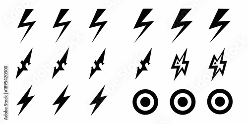 Collection of black lightning bolts and circular elements on white background