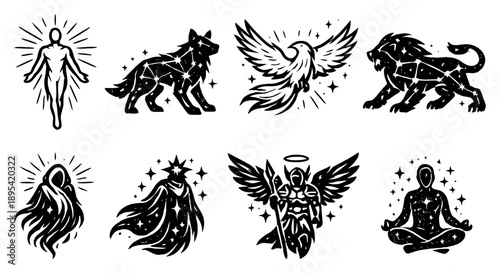 Heavenly Beings Framework in outline style: light infused humanoid, constellation beast, ethereal bird, cosmic lion, glowing spirit, starlight entity, sky. Vector icons