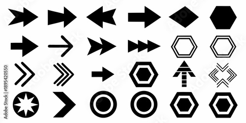 Collection of diverse black geometric shapes and arrow designs on white
