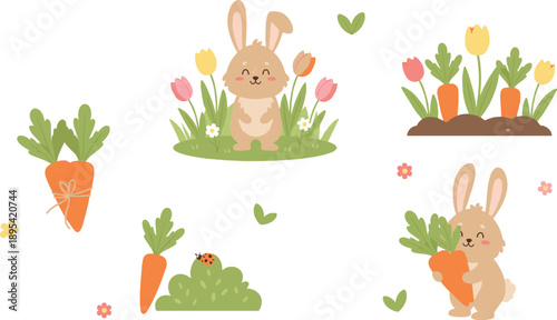 Cute Easter bunny with carrots and spring flowers in garden for holiday nursery illustration design